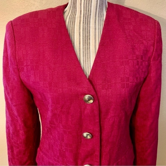 Vintage Blazer 8 HBS Ltd Magenta Checkered pattern Gold-tone Button-Up Classic - Picture 2 of 13